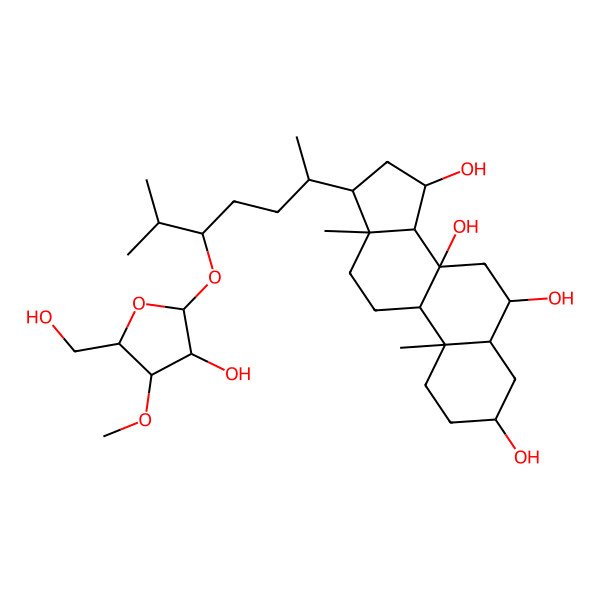 2D Structure of (3S,5S,6S,8S,9R,10S,13R,14S,15S,17R)-17-[(2R,5S)-5-[(2R,3R,4R,5S)-3-hydroxy-5-(hydroxymethyl)-4-methoxyoxolan-2-yl]oxy-6-methylheptan-2-yl]-10,13-dimethyl-1,2,3,4,5,6,7,9,11,12,14,15,16,17-tetradecahydrocyclopenta[a]phenanthrene-3,6,8,15-tetrol