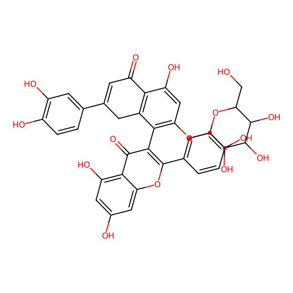 2D Structure of 3-[7-(3,4-dihydroxyphenyl)-4-hydroxy-5-oxo-2-[(2S,3R,4S,5S,6R)-3,4,5-trihydroxy-6-(hydroxymethyl)oxan-2-yl]oxy-8H-naphthalen-1-yl]-5,7-dihydroxy-2-(4-hydroxyphenyl)chromen-4-one