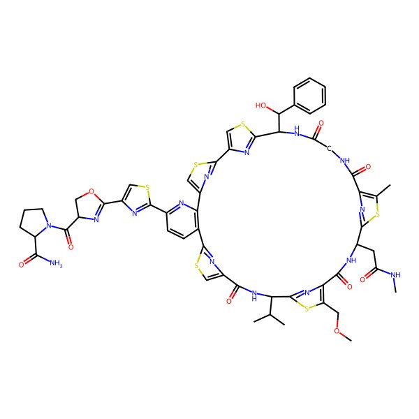 2D Structure of 1-[2-[2-[35-[Hydroxy(phenyl)methyl]-21-(methoxymethyl)-28-methyl-25-[2-(methylamino)-2-oxoethyl]-16,23,30,33-tetraoxo-18-propan-2-yl-3,13,20,27,37-pentathia-7,17,24,31,34,39,40,41,42,43-decazaheptacyclo[34.2.1.12,5.112,15.119,22.126,29.06,11]tritetraconta-1(38),2(43),4,6(11),7,9,12(42),14,19(41),21,26(40),28,36(39)-tridecaen-8-yl]-1,3-thiazol-4-yl]-4,5-dihydro-1,3-oxazole-4-carbonyl]pyrrolidine-2-carboxamide