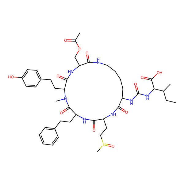 2D Structure of (2S,3S)-2-[[(3S,6S,9S,12S,15R)-3-(acetyloxymethyl)-6-[2-(4-hydroxyphenyl)ethyl]-7-methyl-12-[2-[(R)-methylsulfinyl]ethyl]-2,5,8,11,14-pentaoxo-9-(2-phenylethyl)-1,4,7,10,13-pentazacyclononadec-15-yl]carbamoylamino]-3-methylpentanoic acid