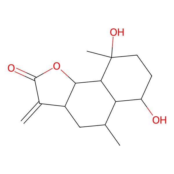 2D Structure of (3aS,5S,5aR,6R,9R,9aS,9bS)-6,9-dihydroxy-5,9-dimethyl-3-methylidene-4,5,5a,6,7,8,9a,9b-octahydro-3aH-benzo[g][1]benzofuran-2-one