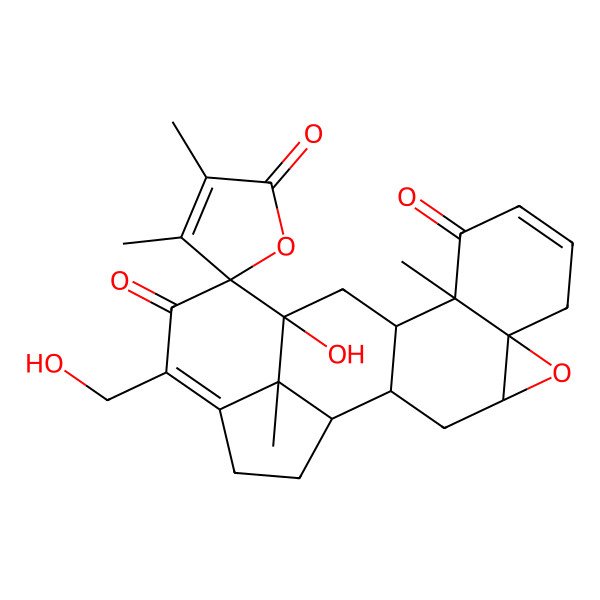 2D Structure of (1S,2S,4R,6S,11R,12S,14R,15R,21S)-14-hydroxy-17-(hydroxymethyl)-3',4',11,21-tetramethylspiro[5-oxahexacyclo[12.6.1.02,12.04,6.06,11.018,21]henicosa-8,17-diene-15,5'-furan]-2',10,16-trione