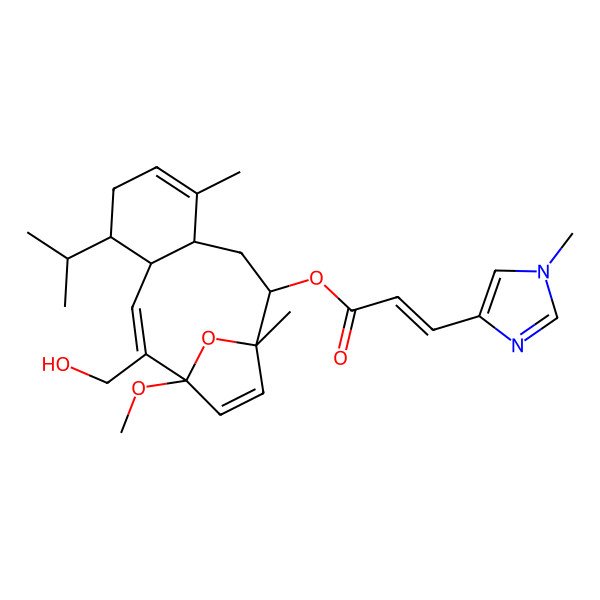 2D Structure of [11-(Hydroxymethyl)-12-methoxy-1,5-dimethyl-8-propan-2-yl-15-oxatricyclo[10.2.1.04,9]pentadeca-5,10,13-trien-2-yl] 3-(1-methylimidazol-4-yl)prop-2-enoate