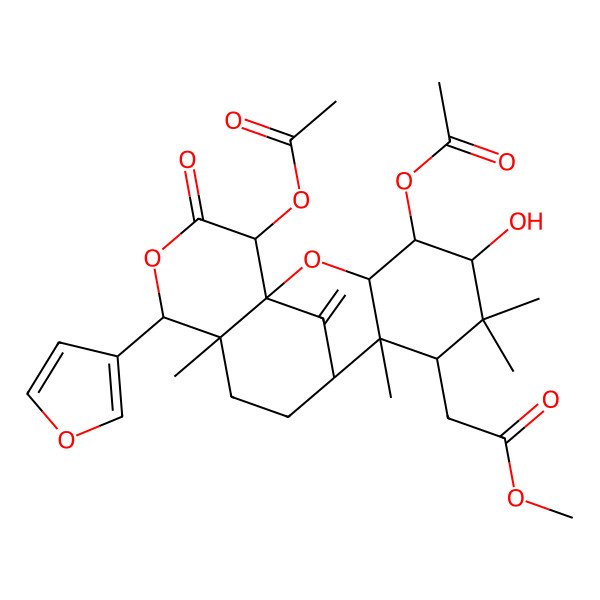 2D Structure of Methyl 2-[4,16-diacetyloxy-13-(furan-3-yl)-5-hydroxy-6,6,8,12-tetramethyl-17-methylidene-15-oxo-2,14-dioxatetracyclo[7.7.1.01,12.03,8]heptadecan-7-yl]acetate