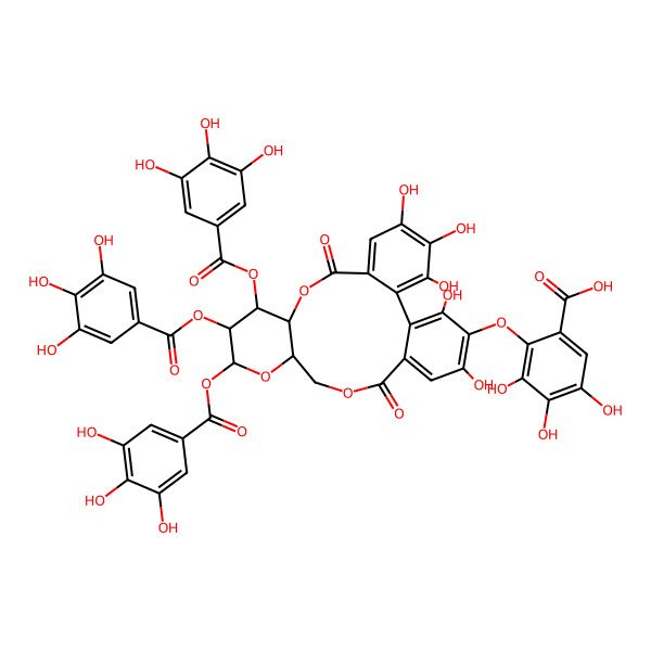 2D Structure of 3,4,5-trihydroxy-2-[[(10R,11S,12R,13S,15R)-3,4,5,21,23-pentahydroxy-8,18-dioxo-11,12,13-tris[(3,4,5-trihydroxybenzoyl)oxy]-9,14,17-trioxatetracyclo[17.4.0.02,7.010,15]tricosa-1(23),2,4,6,19,21-hexaen-22-yl]oxy]benzoic acid