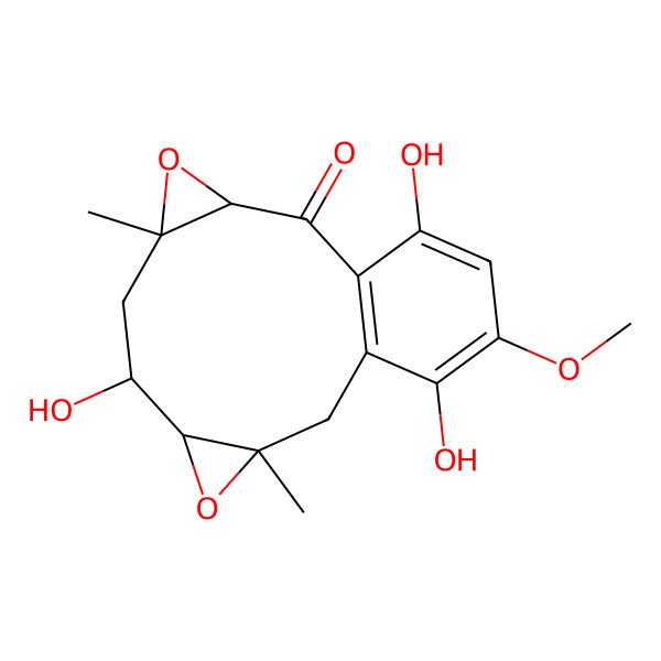 2D Structure of 7,13,16-Trihydroxy-14-methoxy-5,10-dimethyl-4,9-dioxatetracyclo[10.4.0.03,5.08,10]hexadeca-1(12),13,15-trien-2-one