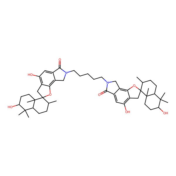 2D Structure of 7'-[5-(3,4'-dihydroxy-4,4,7,8a-tetramethyl-6'-oxospiro[2,3,4a,5,6,7-hexahydro-1H-naphthalene-8,2'-3,8-dihydrofuro[2,3-e]isoindole]-7'-yl)pentyl]-3,4'-dihydroxy-4,4,7,8a-tetramethylspiro[2,3,4a,5,6,7-hexahydro-1H-naphthalene-8,2'-3,8-dihydrofuro[2,3-e]isoindole]-6'-one