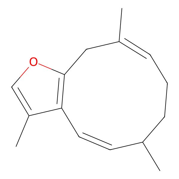 2D Structure of (4E,6R,9E)-3,6,10-trimethyl-6,7,8,11-tetrahydrocyclodeca[b]furan