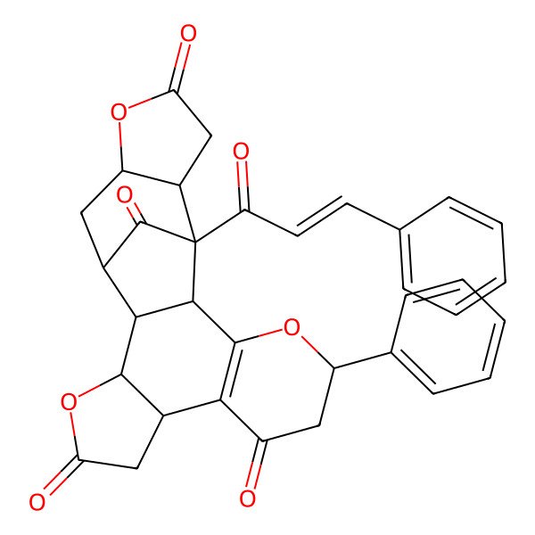 2D Structure of (1S,2S,3R,7R,11R,14R,15R,16R,20S)-11-phenyl-15-[(E)-3-phenylprop-2-enoyl]-4,12,19-trioxahexacyclo[13.6.1.02,14.03,7.08,13.016,20]docos-8(13)-ene-5,9,18,22-tetrone