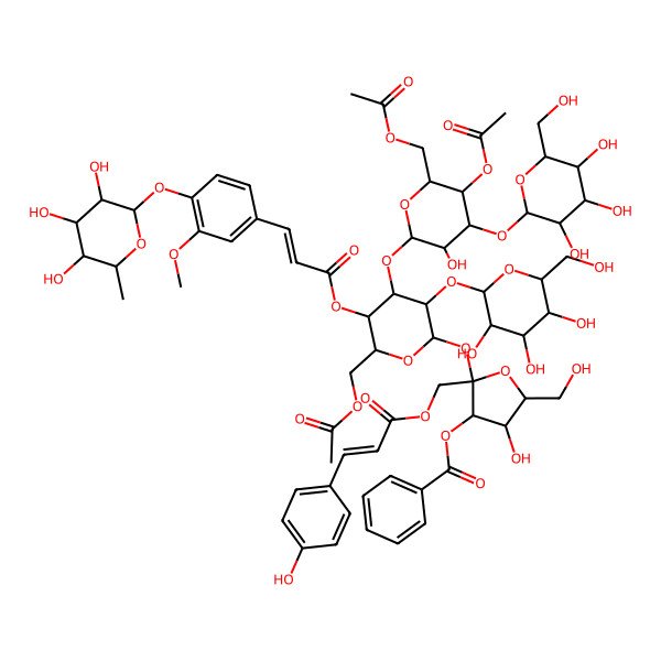 2D Structure of [(2S,3S,4R,5R)-2-[(2R,3R,4S,5R,6R)-4-[(2S,3R,4R,5R,6R)-5-acetyloxy-6-(acetyloxymethyl)-3-hydroxy-4-[(2S,3R,4S,5S,6R)-3,4,5-trihydroxy-6-(hydroxymethyl)oxan-2-yl]oxyoxan-2-yl]oxy-6-(acetyloxymethyl)-5-[(E)-3-[3-methoxy-4-[(2S,3R,4R,5R,6S)-3,4,5-trihydroxy-6-methyloxan-2-yl]oxyphenyl]prop-2-enoyl]oxy-3-[(2S,3R,4S,5S,6R)-3,4,5-trihydroxy-6-(hydroxymethyl)oxan-2-yl]oxyoxan-2-yl]oxy-4-hydroxy-5-(hydroxymethyl)-2-[[(E)-3-(4-hydroxyphenyl)prop-2-enoyl]oxymethyl]oxolan-3-yl] benzoate