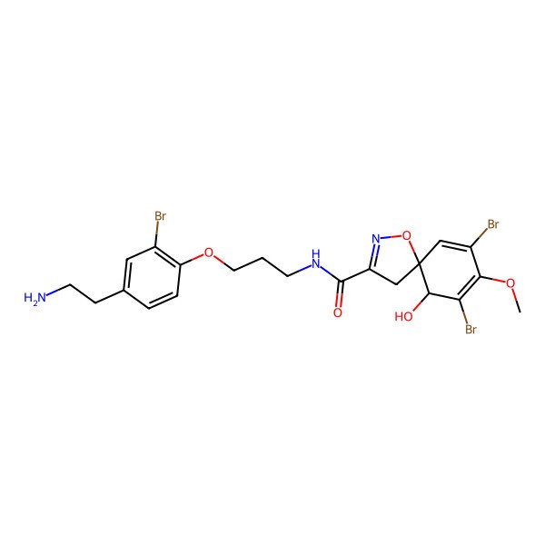 2D Structure of (5S,6R)-N-[3-[4-(2-Aminoethyl)-2-bromophenoxy]propyl]-7,9-dibromo-6-hydroxy-8-methoxy-1-oxa-2-azaspiro[4.5]deca-2,7,9-triene-3-carboxamide