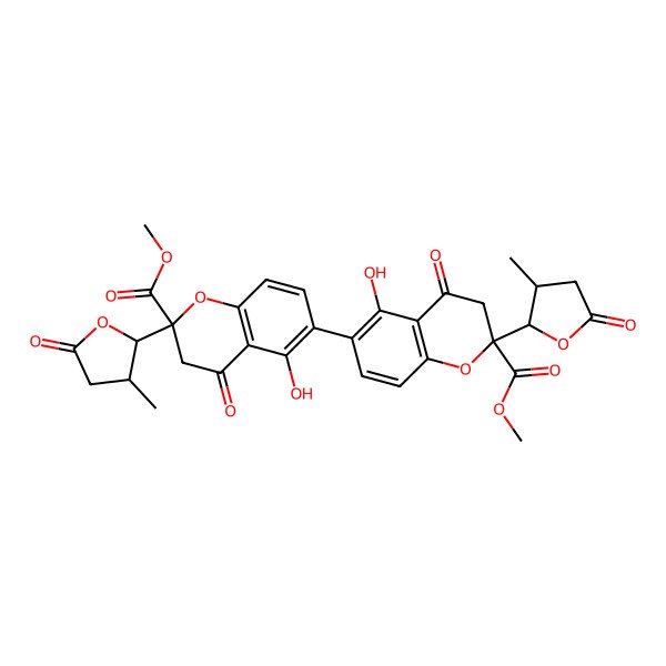 2D Structure of methyl 5-hydroxy-6-[5-hydroxy-2-methoxycarbonyl-2-(3-methyl-5-oxooxolan-2-yl)-4-oxo-3H-chromen-6-yl]-2-(3-methyl-5-oxooxolan-2-yl)-4-oxo-3H-chromene-2-carboxylate