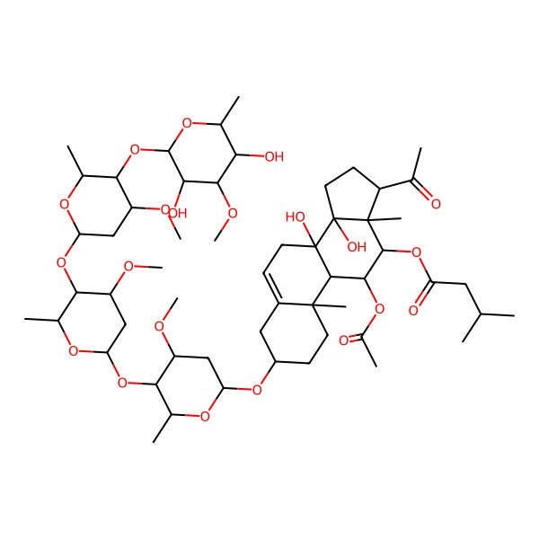 2D Structure of [(3S,8S,9S,10R,11S,12S,13S,14R,17S)-17-acetyl-11-acetyloxy-3-[(2R,4S,5R,6R)-5-[(2S,4S,5R,6R)-5-[(2S,4R,5R,6R)-5-[(2S,3R,4R,5R,6R)-3,5-dihydroxy-4-methoxy-6-methyloxan-2-yl]oxy-4-methoxy-6-methyloxan-2-yl]oxy-4-methoxy-6-methyloxan-2-yl]oxy-4-methoxy-6-methyloxan-2-yl]oxy-8,14-dihydroxy-10,13-dimethyl-2,3,4,7,9,11,12,15,16,17-decahydro-1H-cyclopenta[a]phenanthren-12-yl] 3-methylbutanoate