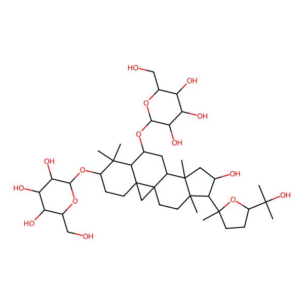 2D Structure of (2R,3R,4S,5S,6R)-2-[[(1S,3R,6S,8S,9S,11R,12S,14S,15S,16R)-14-hydroxy-15-[(2R,5S)-5-(2-hydroxypropan-2-yl)-2-methyloxolan-2-yl]-7,7,12,16-tetramethyl-9-[(2R,3R,4S,5S,6R)-3,4,5-trihydroxy-6-(hydroxymethyl)oxan-2-yl]oxy-6-pentacyclo[9.7.0.01,3.03,8.012,16]octadecanyl]oxy]-6-(hydroxymethyl)oxane-3,4,5-triol