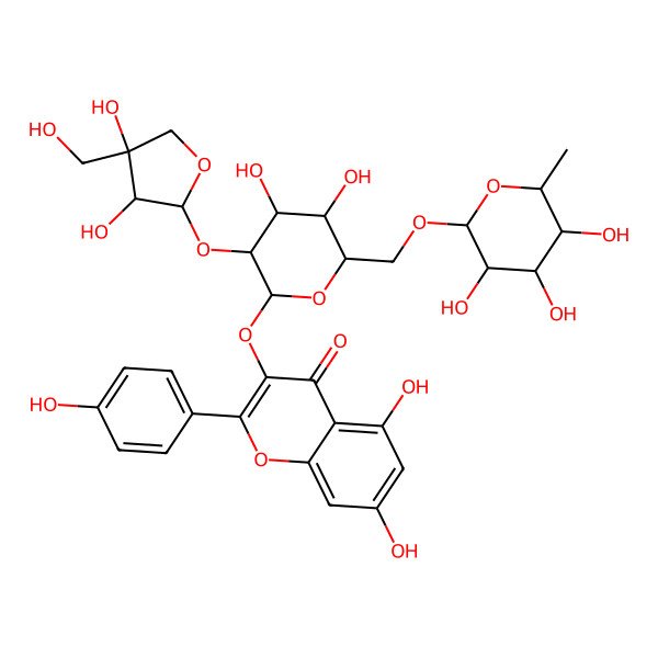 2D Structure of 3-[(2R,3S,4R,5S,6S)-3-[(2S,3R,4R)-3,4-dihydroxy-4-(hydroxymethyl)oxolan-2-yl]oxy-4,5-dihydroxy-6-[[(2R,3R,4R,5R,6S)-3,4,5-trihydroxy-6-methyloxan-2-yl]oxymethyl]oxan-2-yl]oxy-5,7-dihydroxy-2-(4-hydroxyphenyl)chromen-4-one