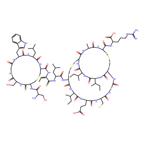 2D Structure of 2-[[16-[[2-[2-[[18-[(2-amino-3-hydroxypropanoyl)amino]-15-(hydroxymethyl)-9-(1H-indol-3-ylmethyl)-6-(2-methylpropyl)-5,8,11,14,17-pentaoxo-1-thia-4,7,10,13,16-pentazacyclononadecane-3-carbonyl]amino]but-2-enoylamino]-4-methylpentanoyl]amino]-13,34,37-tri(butan-2-yl)-10-(2-carboxyethyl)-24-methyl-3,6,9,12,15,22,25,32,35,38-decaoxo-7-(sulfanylmethyl)-19,29-dithia-2,5,8,11,14,23,26,33,36,39-decazabicyclo[19.10.8]nonatriacontane-27-carbonyl]amino]-5-carbamimidamidopentanoic acid