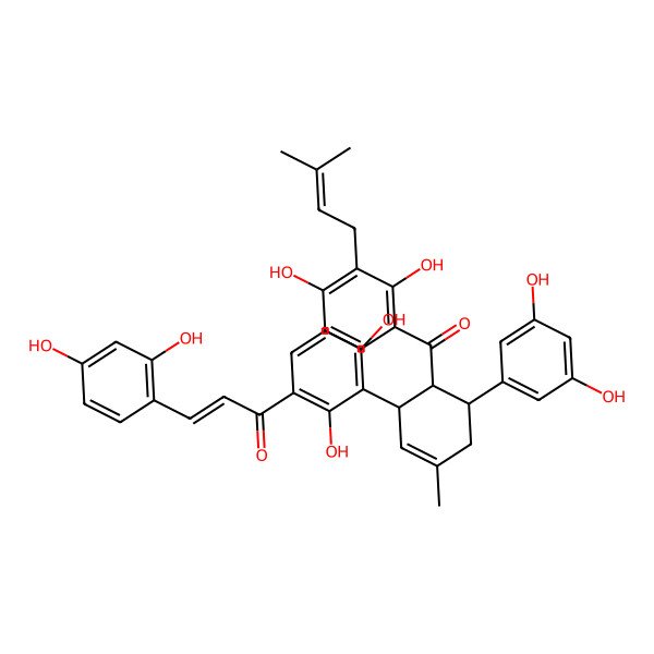 2D Structure of (E)-1-[3-[(1R,5R,6S)-6-[2,4-dihydroxy-3-(3-methylbut-2-enyl)benzoyl]-5-(3,5-dihydroxyphenyl)-3-methylcyclohex-2-en-1-yl]-2,4-dihydroxyphenyl]-3-(2,4-dihydroxyphenyl)prop-2-en-1-one