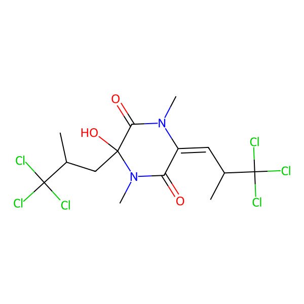 2D Structure of (3S,6E)-3-hydroxy-1,4-dimethyl-3-[(2S)-3,3,3-trichloro-2-methylpropyl]-6-[(2S)-3,3,3-trichloro-2-methylpropylidene]piperazine-2,5-dione