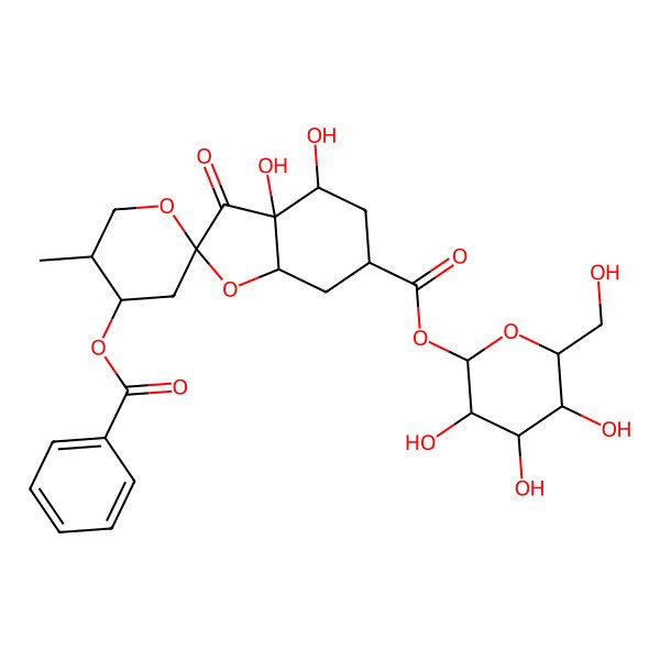2D Structure of [(2S,3R,4S,5S,6R)-3,4,5-Trihydroxy-6-(hydroxymethyl)oxan-2-yl] (2S,3aR,4S,4'S,5'R,6S,7aR)-4'-benzoyloxy-3a,4-dihydroxy-5'-methyl-3-oxospiro[5,6,7,7a-tetrahydro-4H-1-benzofuran-2,2'-oxane]-6-carboxylate