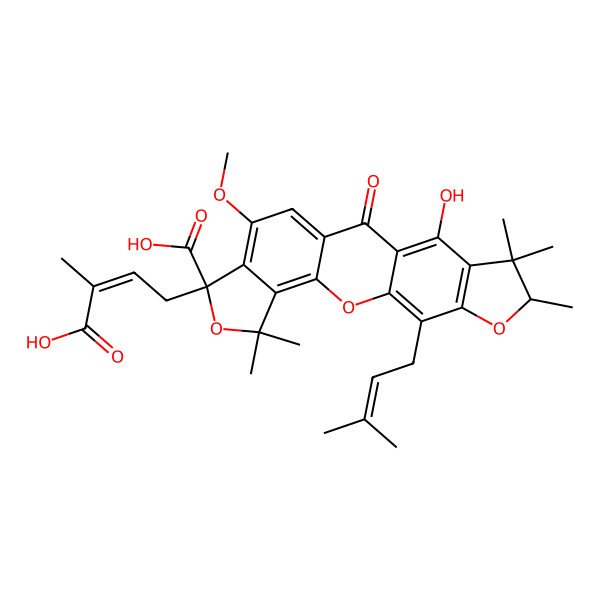 2D Structure of (7R,17S)-7-[(E)-3-carboxybut-2-enyl]-14-hydroxy-9-methoxy-5,5,16,16,17-pentamethyl-20-(3-methylbut-2-enyl)-12-oxo-2,6,18-trioxapentacyclo[11.7.0.03,11.04,8.015,19]icosa-1(20),3,8,10,13,15(19)-hexaene-7-carboxylic acid