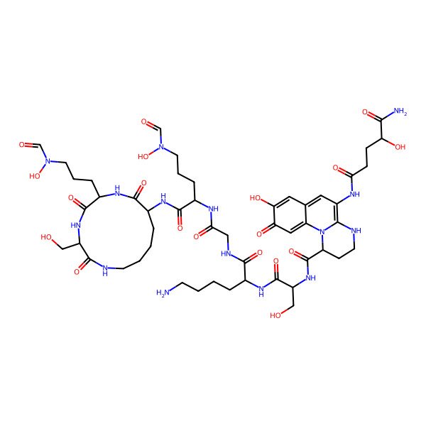 2D Structure of N'-[1-[[1-[[6-amino-1-[[2-[[5-[formyl(hydroxy)amino]-1-[[6-[3-[formyl(hydroxy)amino]propyl]-3-(hydroxymethyl)-2,5,8-trioxo-1,4,7-triazacyclotridec-9-yl]amino]-1-oxopentan-2-yl]amino]-2-oxoethyl]amino]-1-oxohexan-2-yl]amino]-3-hydroxy-1-oxopropan-2-yl]carbamoyl]-8-hydroxy-9-oxo-1,2,3,4-tetrahydropyrimido[1,2-a]quinolin-5-yl]-2-hydroxypentanediamide