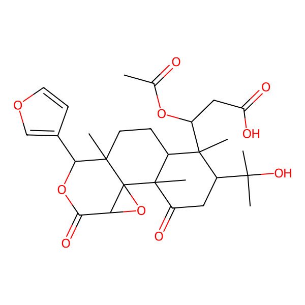2D Structure of (3R)-3-acetyloxy-3-[(1R,2R,5R,6S,7R,10S,11S,14S)-11-(furan-3-yl)-5-(2-hydroxypropan-2-yl)-2,6,10-trimethyl-3,13-dioxo-12,15-dioxatetracyclo[8.5.0.01,14.02,7]pentadecan-6-yl]propanoic acid