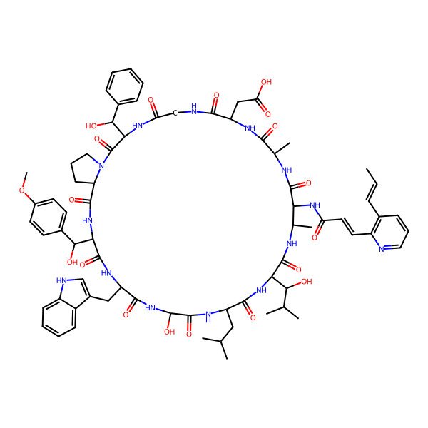 2D Structure of 2-[25-hydroxy-31-[hydroxy-(4-methoxyphenyl)methyl]-19-(1-hydroxy-2-methylpropyl)-3-[hydroxy(phenyl)methyl]-28-(1H-indol-3-ylmethyl)-12,16-dimethyl-22-(2-methylpropyl)-2,5,8,11,14,18,21,24,27,30,33-undecaoxo-15-[3-(3-prop-1-enylpyridin-2-yl)prop-2-enoylamino]-1,4,7,10,13,17,20,23,26,29,32-undecazabicyclo[32.3.0]heptatriacontan-9-yl]acetic acid