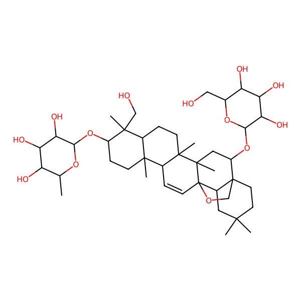2D Structure of (2R,3R,4S,5R,6R)-2-[[(1S,2S,4S,5R,8R,9R,10S,13S,14R,17S,18R)-9-(hydroxymethyl)-4,5,9,13,20,20-hexamethyl-2-[(2R,3R,4S,5S,6R)-3,4,5-trihydroxy-6-(hydroxymethyl)oxan-2-yl]oxy-24-oxahexacyclo[15.5.2.01,18.04,17.05,14.08,13]tetracos-15-en-10-yl]oxy]-6-methyloxane-3,4,5-triol