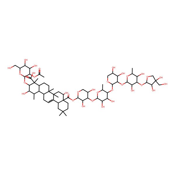 2D Structure of (1S,2S,3R,4S,6aR,6bS,8R,8aR)-3-[(3R,4S,5S,6R)-3-acetyloxy-4,5-dihydroxy-6-(hydroxymethyl)oxan-2-yl]oxy-8a-[(2R,3R,4S,5R)-4-[(2S,3R,4S,5R,6S)-5-[(2S,3R,4S,5R)-3-[(2R,3S,4R,5R,6R)-4-[(2S,3R,4R)-3,4-dihydroxy-4-(hydroxymethyl)oxolan-2-yl]oxy-3,5-dihydroxy-6-methyloxan-2-yl]oxy-4,5-dihydroxyoxan-2-yl]oxy-3,4-dihydroxy-6-methyloxan-2-yl]oxy-3,5-dihydroxyoxan-2-yl]oxycarbonyl-2,8-dihydroxy-1,4,6a,6b,11,11-hexamethyl-2,3,4a,5,6,7,8,9,10,12,12a,14,14a,14b-tetradecahydro-1H-picene-4-carboxylic acid