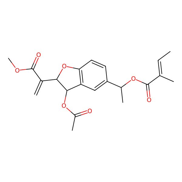 2D Structure of 1-[3-Acetyloxy-2-(3-methoxy-3-oxoprop-1-en-2-yl)-2,3-dihydro-1-benzofuran-5-yl]ethyl 2-methylbut-2-enoate