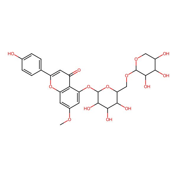 2D Structure of 2-(4-hydroxyphenyl)-7-methoxy-5-[(2S,3R,4S,5S,6R)-3,4,5-trihydroxy-6-[[(2S,3S,4S,5S)-3,4,5-trihydroxyoxan-2-yl]oxymethyl]oxan-2-yl]oxychromen-4-one