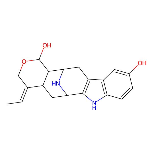 2D Structure of (1S,12S,13R,14R,17E,18R)-17-ethylidene-15-oxa-3,20-diazapentacyclo[10.7.1.02,10.04,9.013,18]icosa-2(10),4(9),5,7-tetraene-7,14-diol