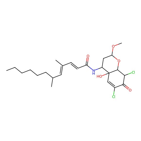 2D Structure of (2E,4E,6R)-N-[(2S,4R,4aS,8S,8aS)-6,8-dichloro-4a-hydroxy-2-methoxy-7-oxo-3,4,8,8a-tetrahydro-2H-chromen-4-yl]-4,6-dimethyldodeca-2,4-dienamide