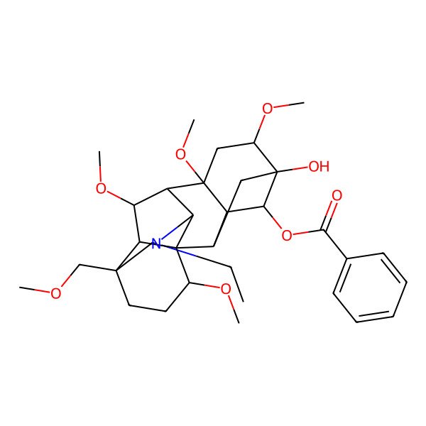 2D Structure of [(1S,2R,3R,4R,5S,6S,8R,9R,10R,13S,16S,17R,18R)-11-ethyl-5-hydroxy-6,8,16,18-tetramethoxy-13-(methoxymethyl)-11-azahexacyclo[7.7.2.12,5.01,10.03,8.013,17]nonadecan-4-yl] benzoate