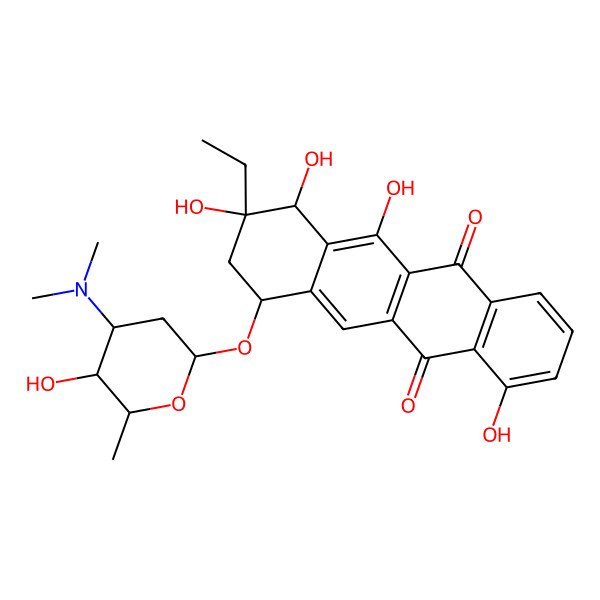 2D Structure of 7-[4-(dimethylamino)-5-hydroxy-6-methyloxan-2-yl]oxy-9-ethyl-4,9,10,11-tetrahydroxy-8,10-dihydro-7H-tetracene-5,12-dione