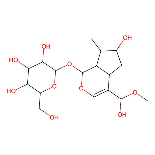 2D Structure of (2S,3R,4S,5S,6R)-2-[[(1S,4aS,6S,7S,7aS)-6-hydroxy-4-[(S)-hydroxy(methoxy)methyl]-7-methyl-1,4a,5,6,7,7a-hexahydrocyclopenta[c]pyran-1-yl]oxy]-6-(hydroxymethyl)oxane-3,4,5-triol