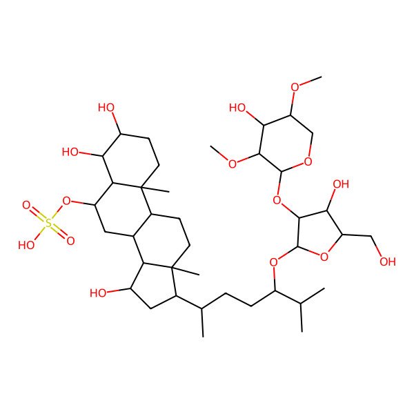 2D Structure of [(3S,4R,5R,6S,8R,9S,10R,13R,14S,15R,17R)-3,4,15-trihydroxy-17-[(2R,5S)-5-[(2S,3R,4S,5R)-4-hydroxy-3-[(2S,3R,4S,5R)-4-hydroxy-3,5-dimethoxyoxan-2-yl]oxy-5-(hydroxymethyl)oxolan-2-yl]oxy-6-methylheptan-2-yl]-10,13-dimethyl-2,3,4,5,6,7,8,9,11,12,14,15,16,17-tetradecahydro-1H-cyclopenta[a]phenanthren-6-yl] hydrogen sulfate