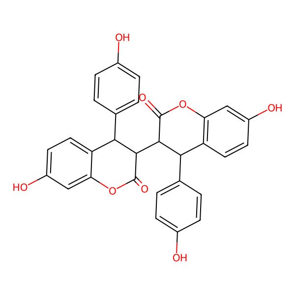 2D Structure of (3S,4S)-7-hydroxy-3-[(3S,4S)-7-hydroxy-4-(4-hydroxyphenyl)-2-oxo-3,4-dihydrochromen-3-yl]-4-(4-hydroxyphenyl)-3,4-dihydrochromen-2-one