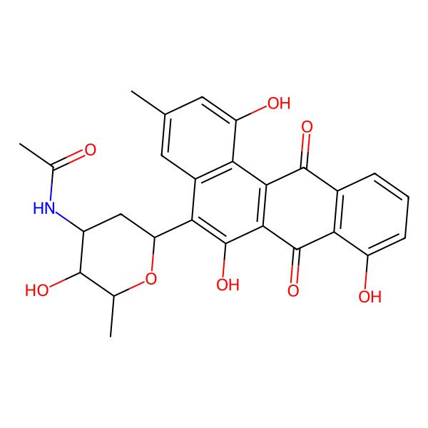 2D Structure of N-[3-hydroxy-2-methyl-6-(1,6,8-trihydroxy-3-methyl-7,12-dioxobenzo[a]anthracen-5-yl)oxan-4-yl]acetamide