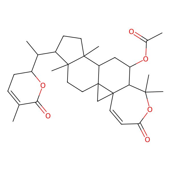 2D Structure of [(1S,3S,9S,10R,12S,13S,16R,17R)-8,8,13,17-tetramethyl-16-[(1S)-1-[(2S)-5-methyl-6-oxo-2,3-dihydropyran-2-yl]ethyl]-6-oxo-7-oxapentacyclo[10.7.0.01,3.03,9.013,17]nonadec-4-en-10-yl] acetate