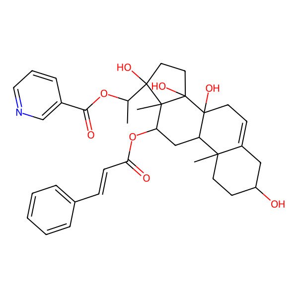 2D Structure of 1-[3,8,14,17-Tetrahydroxy-10,13-dimethyl-12-(3-phenylprop-2-enoyloxy)-1,2,3,4,7,9,11,12,15,16-decahydrocyclopenta[a]phenanthren-17-yl]ethyl pyridine-3-carboxylate