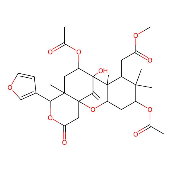 2D Structure of methyl 2-[(1R,3S,5R,7S,8R,9S,10S,12S,13S)-5,10-diacetyloxy-13-(furan-3-yl)-9-hydroxy-6,6,8,12-tetramethyl-17-methylidene-15-oxo-2,14-dioxatetracyclo[7.7.1.01,12.03,8]heptadecan-7-yl]acetate