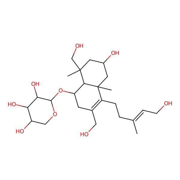 2D Structure of (2S,3R,4S,5S)-2-[[(1S,4aS,6R,8S,8aR)-6-hydroxy-3,8-bis(hydroxymethyl)-4-[(E)-5-hydroxy-3-methylpent-3-enyl]-4a,8-dimethyl-1,2,5,6,7,8a-hexahydronaphthalen-1-yl]oxy]oxane-3,4,5-triol