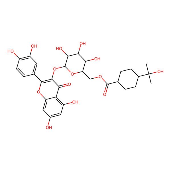 2D Structure of [6-[2-(3,4-Dihydroxyphenyl)-5,7-dihydroxy-4-oxochromen-3-yl]oxy-3,4,5-trihydroxyoxan-2-yl]methyl 4-(2-hydroxypropan-2-yl)cyclohexane-1-carboxylate