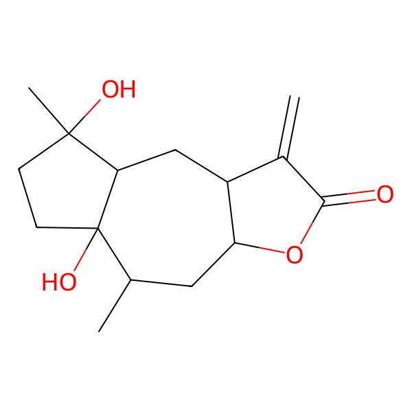 2D Structure of (3aS,5S,5aR,8R,8aS,9aR)-5a,8-dihydroxy-5,8-dimethyl-1-methylidene-3a,4,5,6,7,8a,9,9a-octahydroazuleno[6,5-b]furan-2-one
