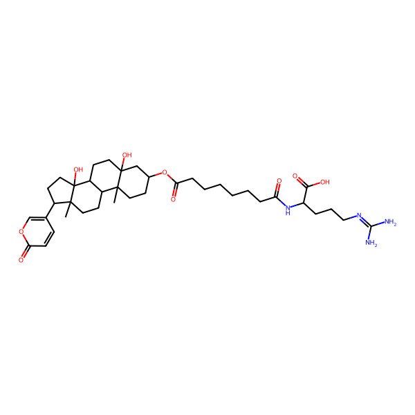2D Structure of 5-(diaminomethylideneamino)-2-[[8-[[5,14-dihydroxy-10,13-dimethyl-17-(6-oxopyran-3-yl)-2,3,4,6,7,8,9,11,12,15,16,17-dodecahydro-1H-cyclopenta[a]phenanthren-3-yl]oxy]-8-oxooctanoyl]amino]pentanoic acid