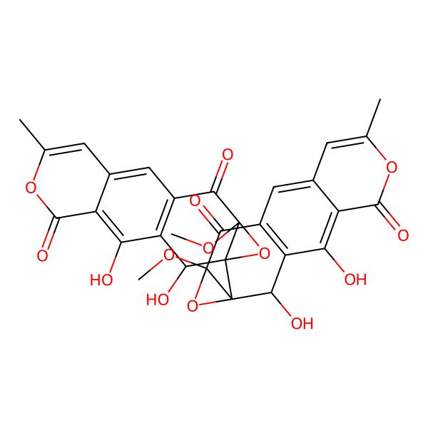 2D Structure of (12R,14S,15R)-14-[(12R,14S,15S)-2,15-dihydroxy-12-methoxy-6-methyl-4,11-dioxo-5,13-dioxatetracyclo[8.5.0.03,8.012,14]pentadeca-1(10),2,6,8-tetraen-14-yl]-2,15-dihydroxy-12-methoxy-6-methyl-5,13-dioxatetracyclo[8.5.0.03,8.012,14]pentadeca-1(10),2,6,8-tetraene-4,11-dione