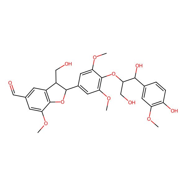 2D Structure of (-)-(7R,8S,7''S,8''R)-3,3'',5,5'-tetramethoxy-4''-hydroxy-4',7-epoxy-8',9'-dinor-4,8''-oxy-8,3'-sesquineolignan-7'',9,9''-triol-7'-al