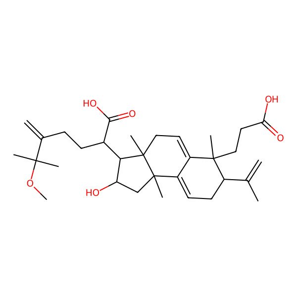 2D Structure of 2-[6-(2-Carboxyethyl)-2-hydroxy-3a,6,9b-trimethyl-7-prop-1-en-2-yl-1,2,3,4,7,8-hexahydrocyclopenta[a]naphthalen-3-yl]-6-methoxy-6-methyl-5-methylideneheptanoic acid