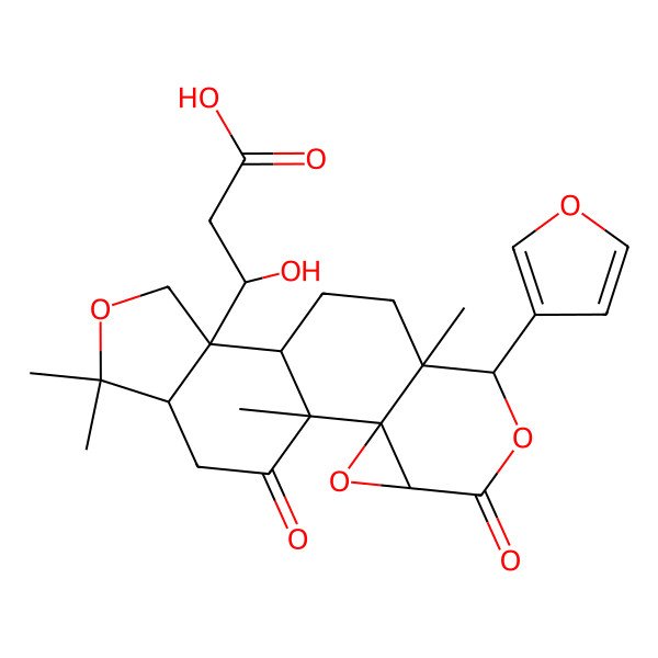 2D Structure of (3R)-3-[(1R,2R,4S,7S,8R,11R,12S,16S)-7-(furan-3-yl)-1,8,15,15-tetramethyl-5,18-dioxo-3,6,14-trioxapentacyclo[9.7.0.02,4.02,8.012,16]octadecan-12-yl]-3-hydroxypropanoic acid